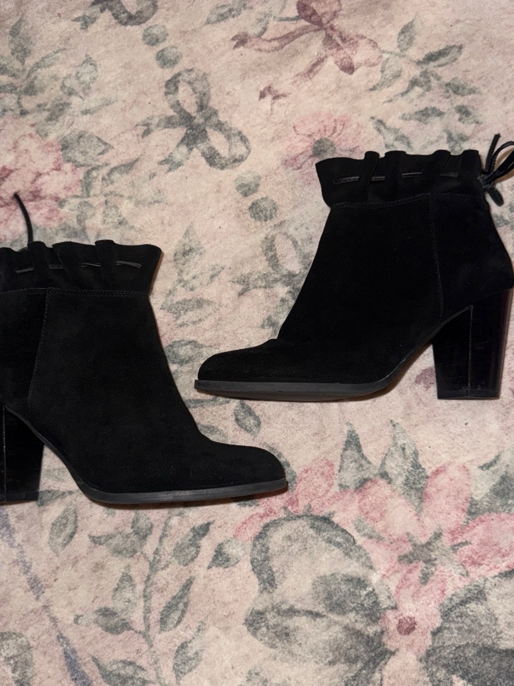 crown & ivy Black Suede Ruffle-Trim Ankle Boots